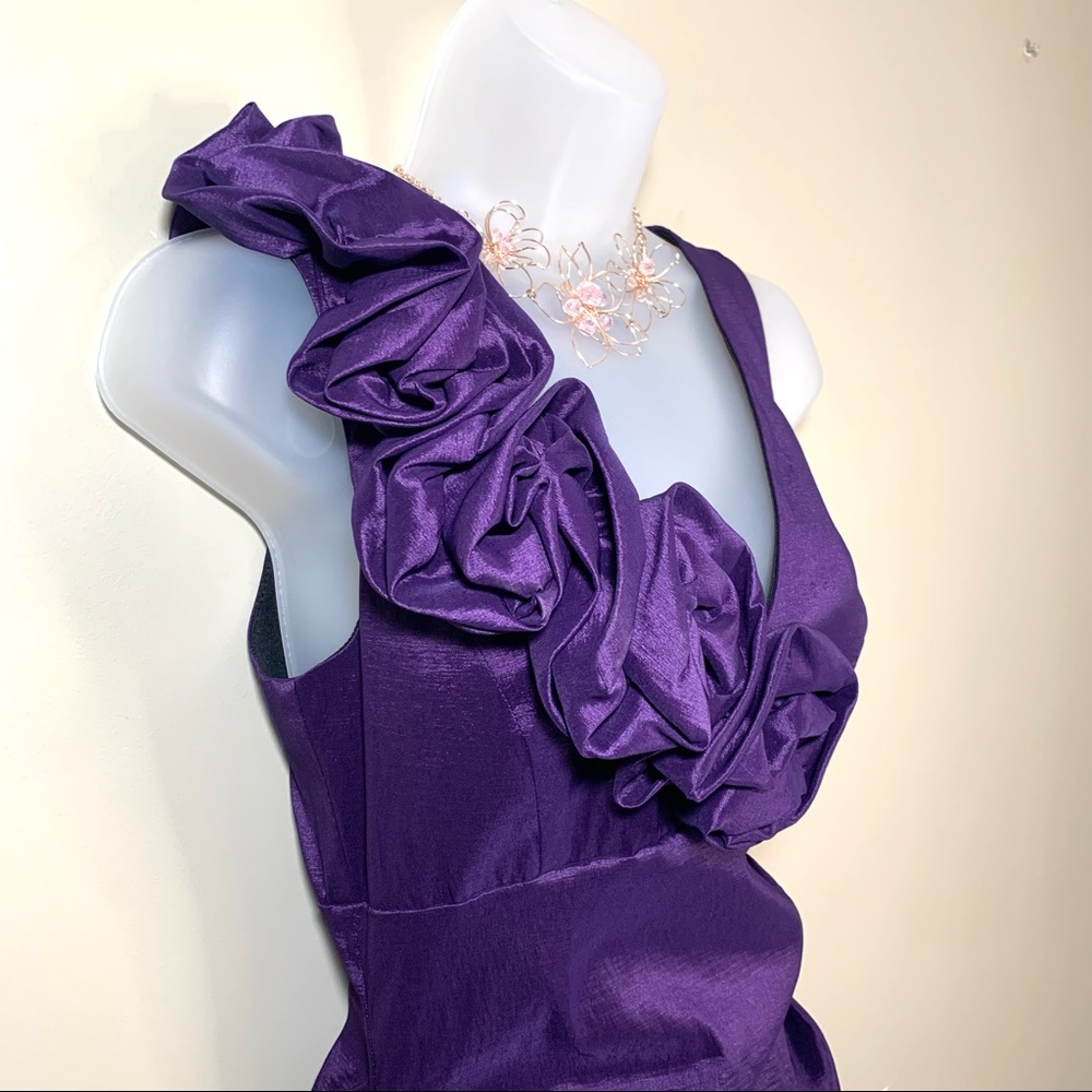 JADE Metallic Purple Bodycon Cocktail Dress Asymmetric Ruffle Size 8 Barbiecore - Picture 3 of 16